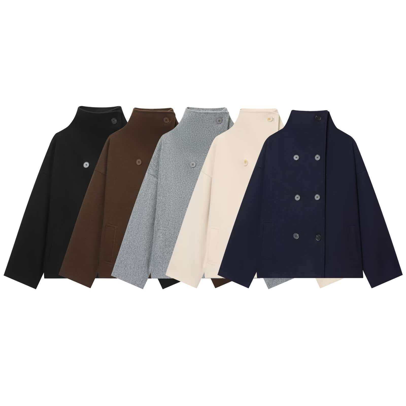 Women's Double-Breasted Wool-Blend Coat Stand Collar Midi Length