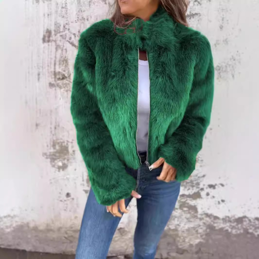 Women's Faux Fur High Neck Zip-Up Casual Jacket