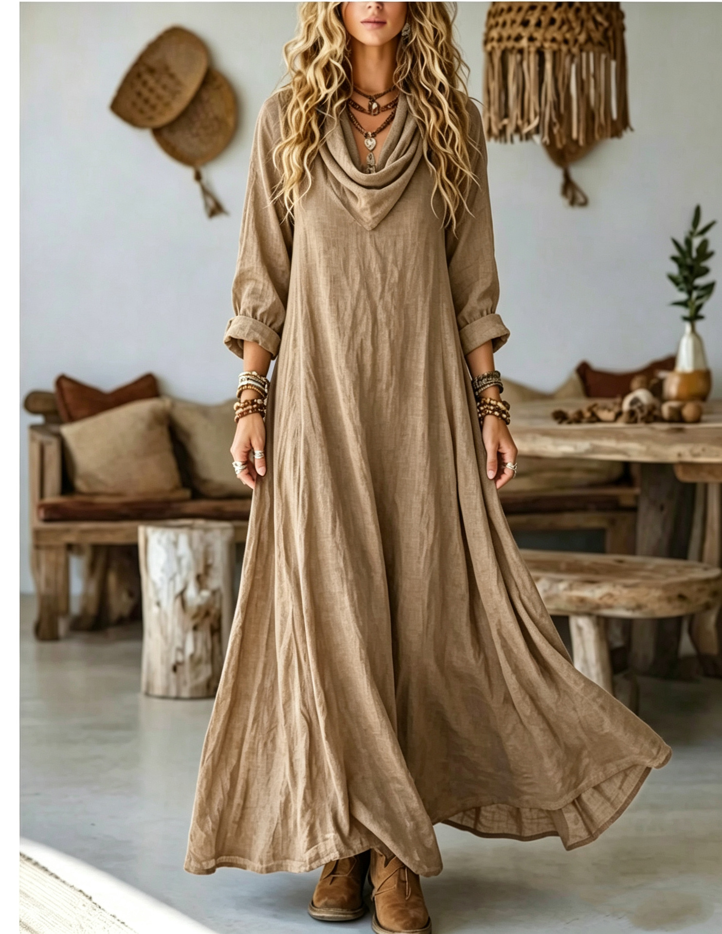 Women's Elegant Bohemian Textured Solid Color Long Sleeve Cowl Neck Wide Hem Maxi Dress