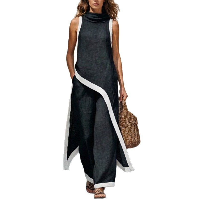 2026 New Cross-Border Summer Cotton-Linen Two-Piece Set Women's Sleeveless Asymmetrical Top Loose Wide-Leg Pants Set