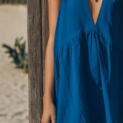 Retro Colorblock Royal Blue Cotton-Linen Mini Dress