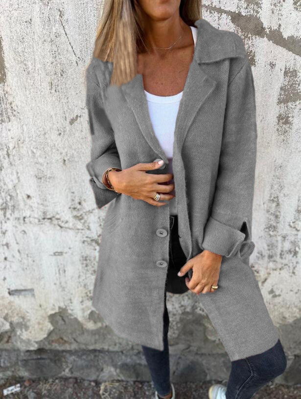 Women's Solid Color Lapel Collar Button-Front Pocket Cardigan Thickened Double-Faced Wool Coat
