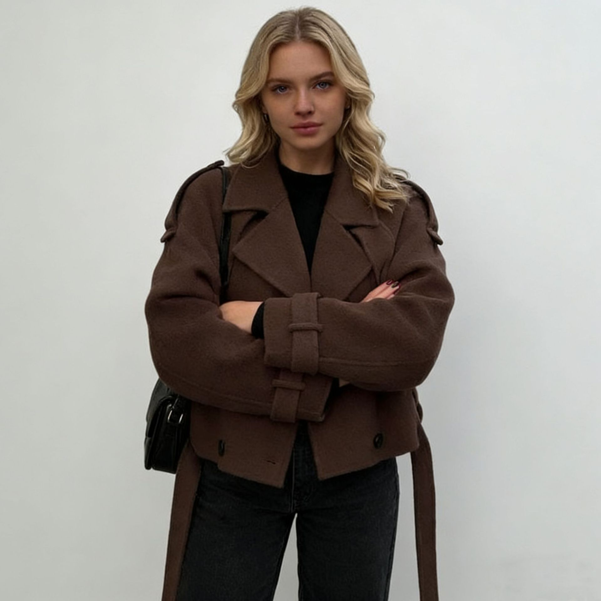 Women's Big Lapel Wool Blend Short Belted Coat Double-Breasted