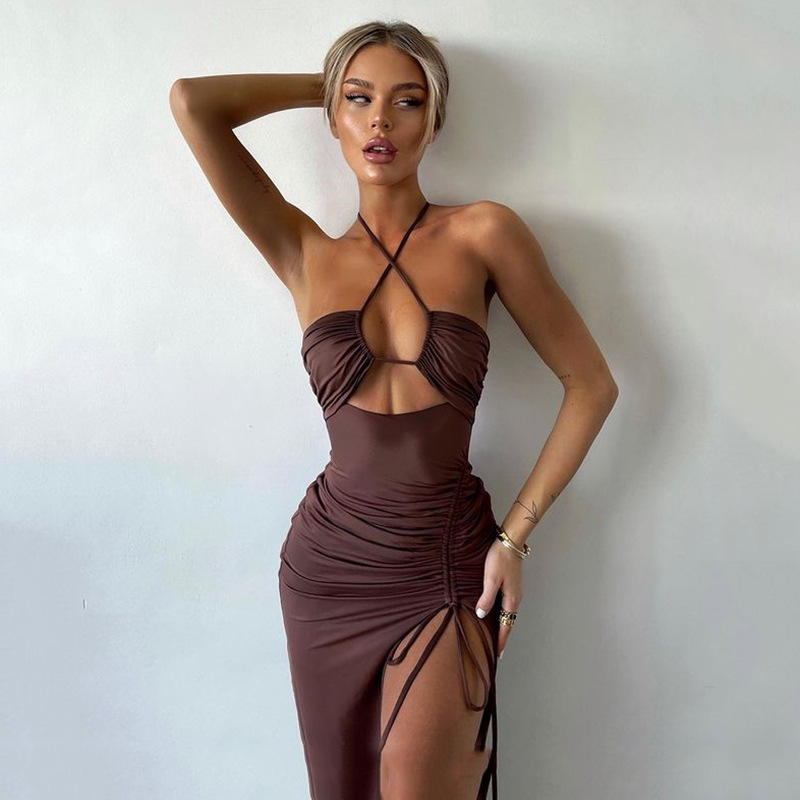 Women's High Slit Ruched Halter Neck Long Dress