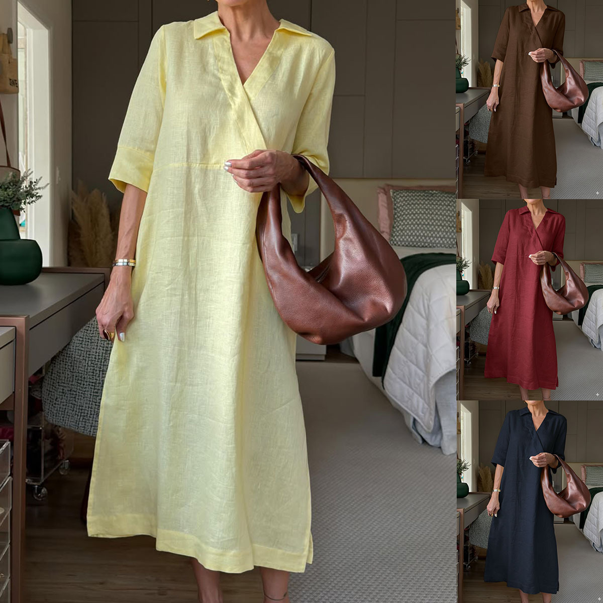 Women's Short Sleeve V-Neck A-Line Midi Dress Solid Color Loose Fit