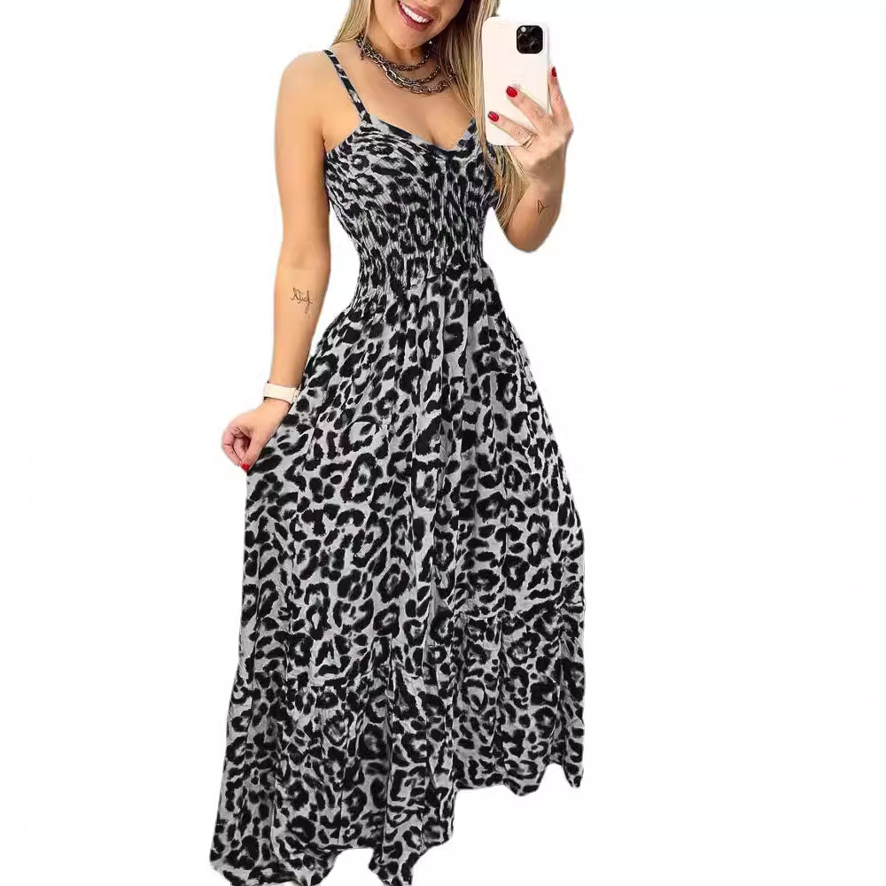 Leopard Print V-Neck Cami Maxi Dress High Waist Sexy
