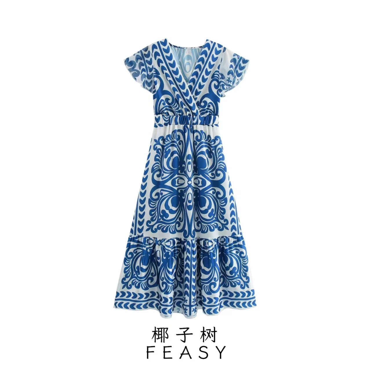 V-Neck Print Long Dress Sleeveless High Waist A-Line Blue