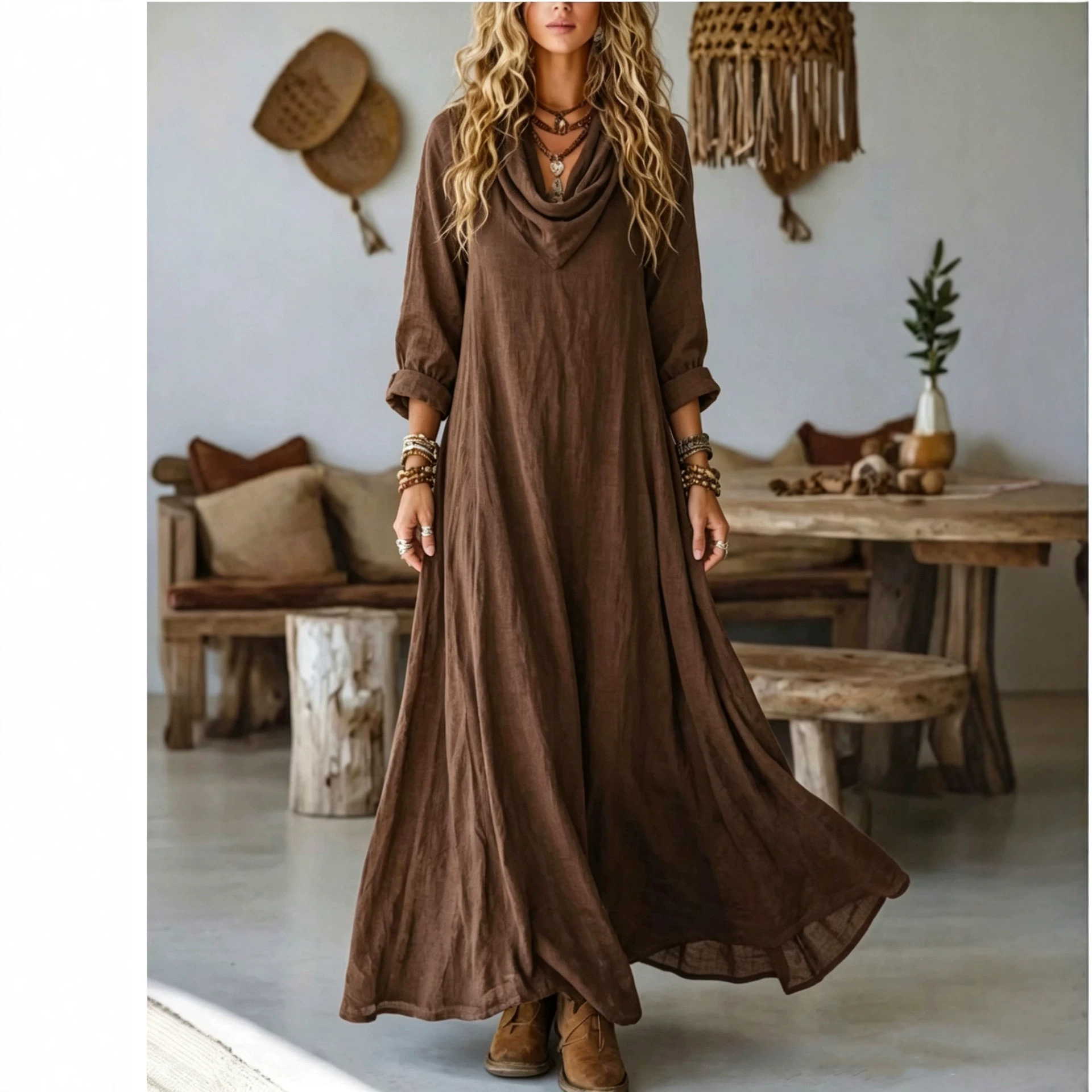 Women's Elegant Bohemian Textured Solid Color Long Sleeve Cowl Neck Wide Hem Maxi Dress