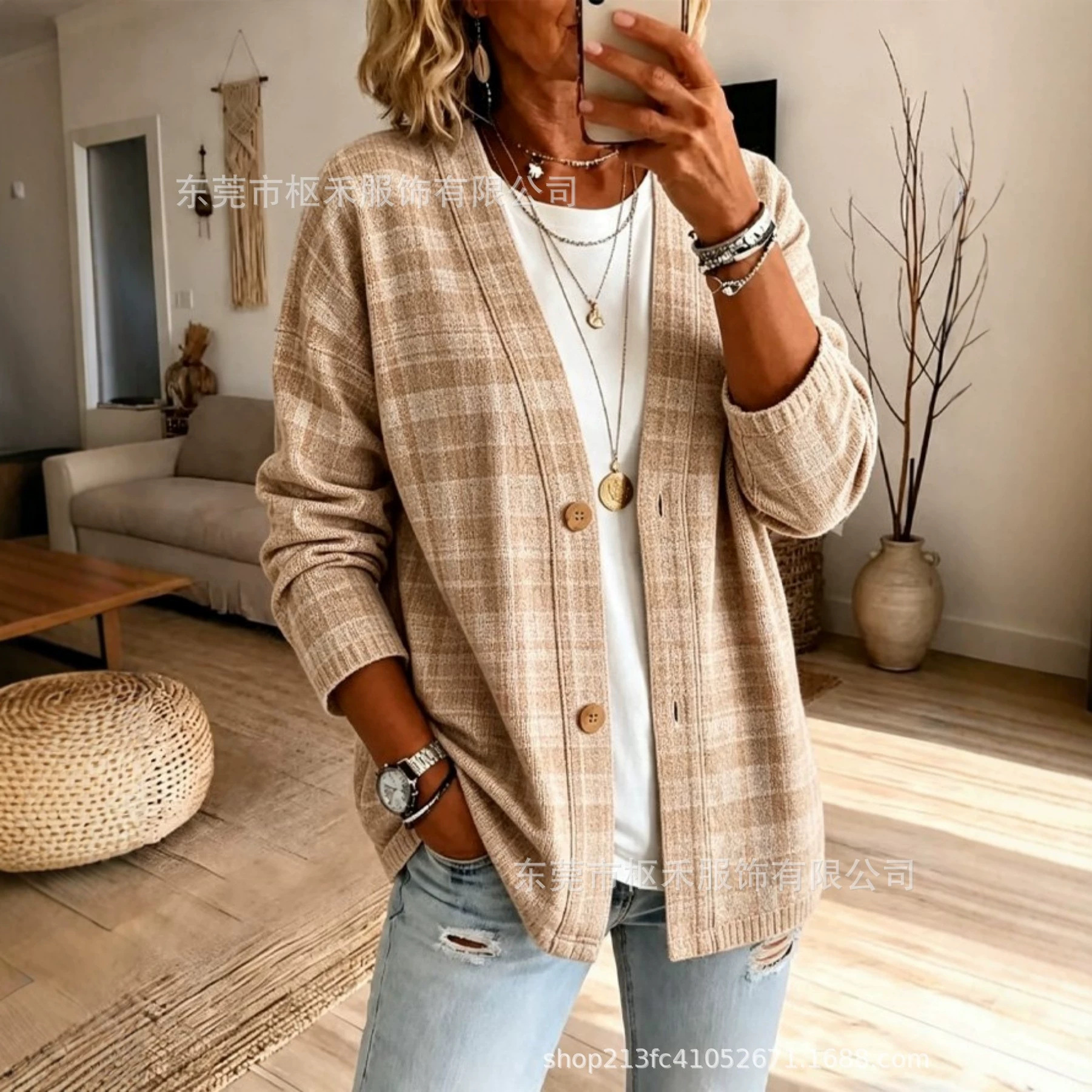 Women's Plaid Print V-Neck Windbreaker Jacket