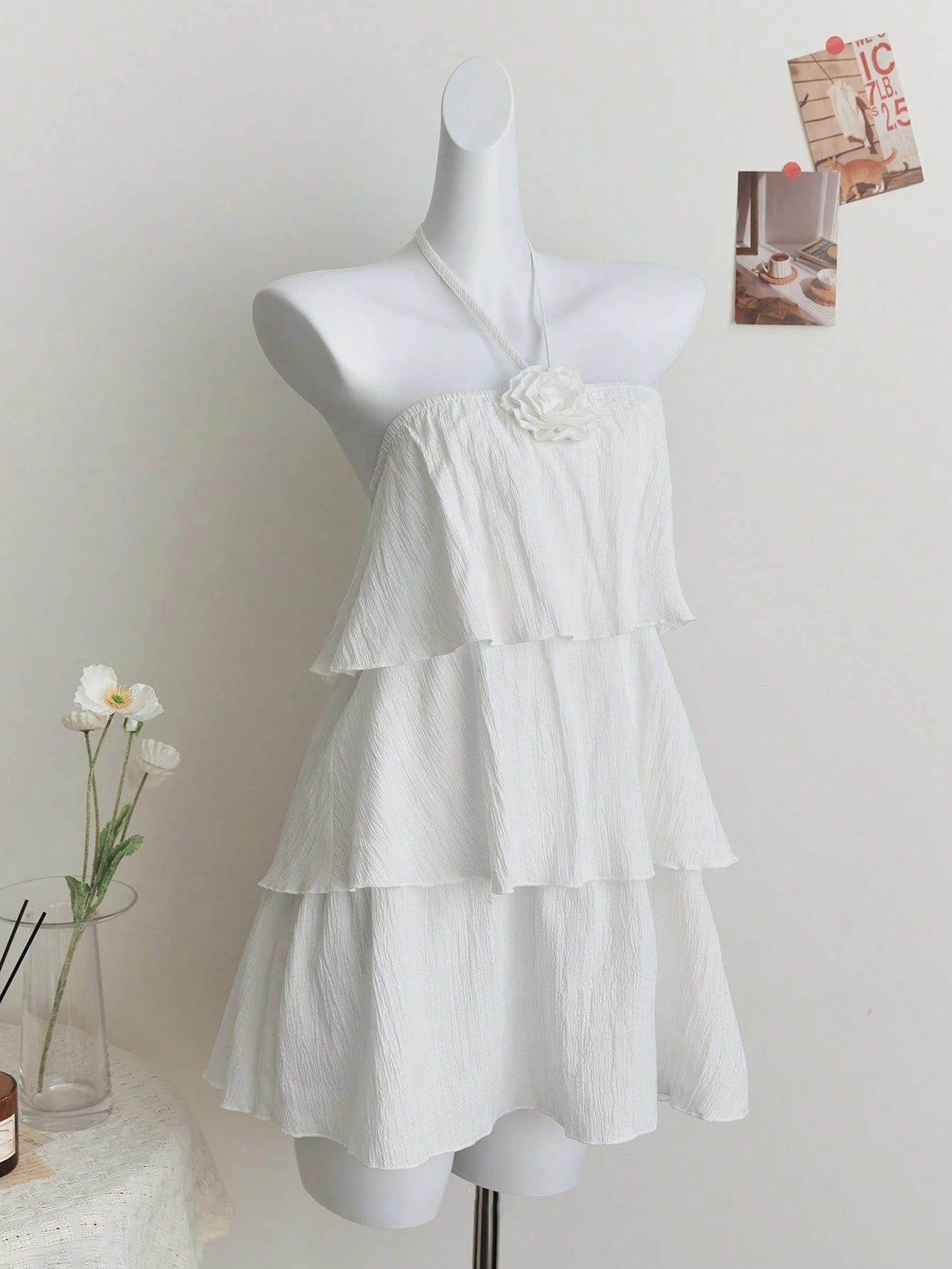 3D Floral Halter Bodycon Dress with Ruffle Tiered Hem