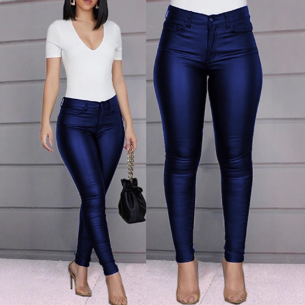 Solid Color High-Waist Skinny Pants Women's Casual Long Trousers