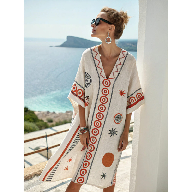 Women's V-Neck Printed Midi Dress Loose Fit Beach Vacation