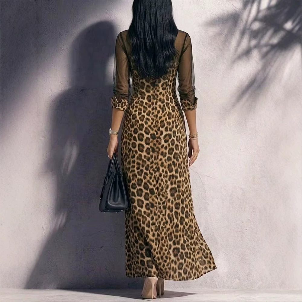 Leopard Print Mesh Panel Slit Long Sleeve Dress