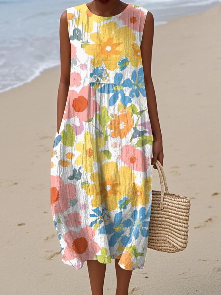 Women's Retro Multicolor Striped Floral Sleeveless Midi Dress