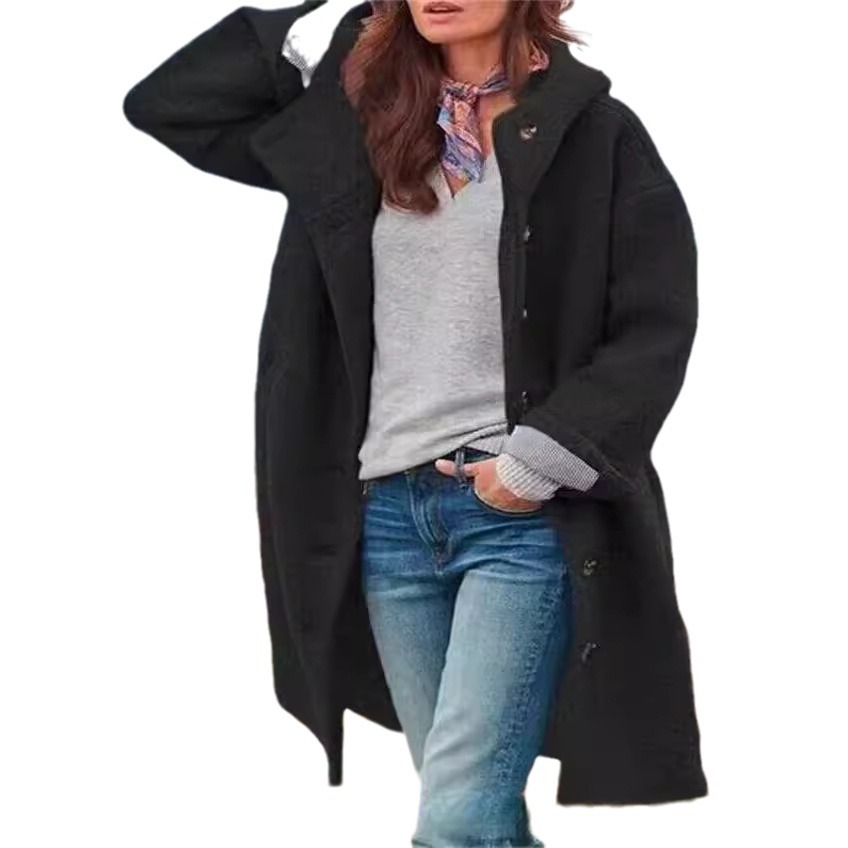 Women's Long Sleeve Hooded Wool Blend Coat Casual Loose Fit