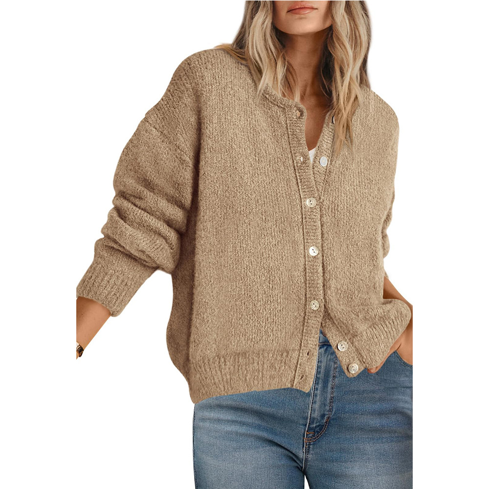 Women's Loose Crewneck Button-Front Knit Cardigan Solid Long-Sleeve Sweater Coat