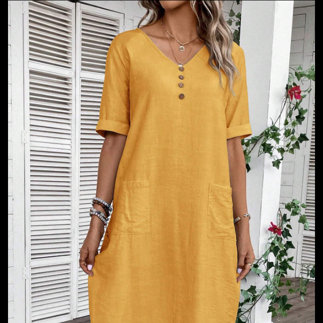 Women's V-Neck Loose Cotton Linen Midi Dress