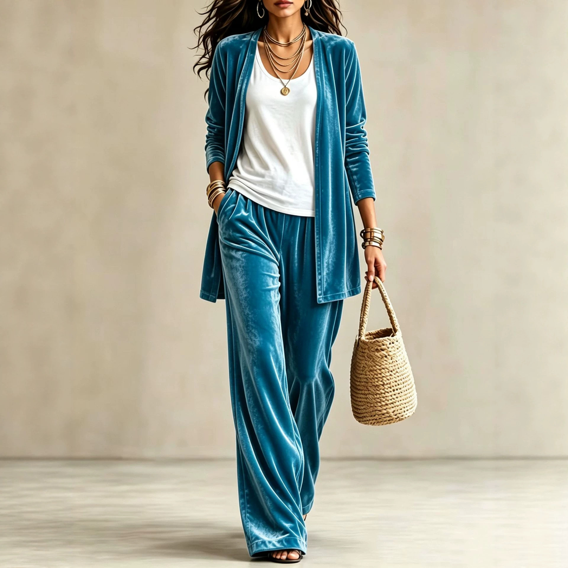 Women's 2-Piece Lounge Set: Solid Long Cardigan & High-Waist Wide-Leg Pants