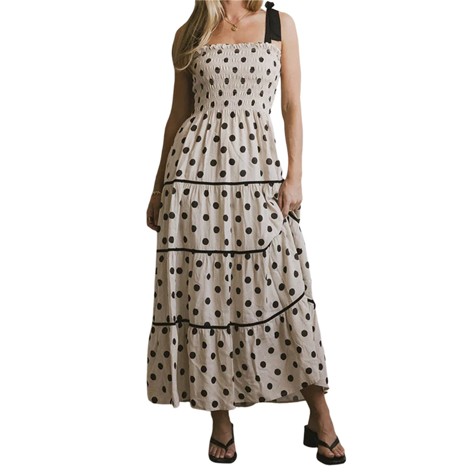 Polka Dot Square Neck Sleeveless Maxi Dress with Tie