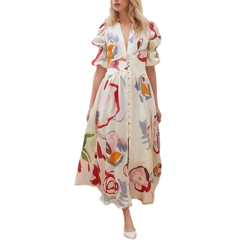 Women's Floral Print V-Neck Long Sleeve High Waist A-Line Maxi Dress