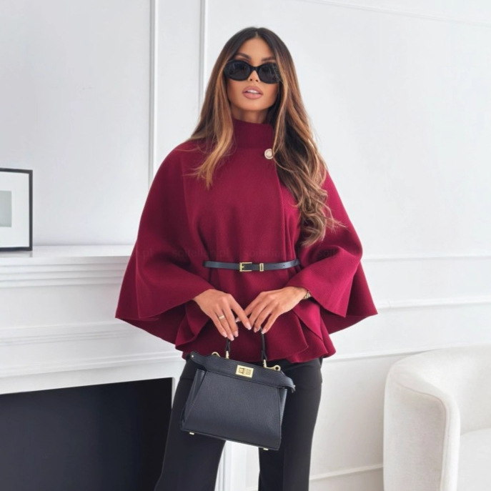 Women's Pure Color Waist-Tie Woolen Cloak Coat with Stand Collar