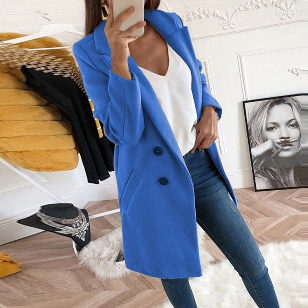 Solid Color Lapel Collar Double-Breasted Mid-Length Wool-Blend Coat for Women