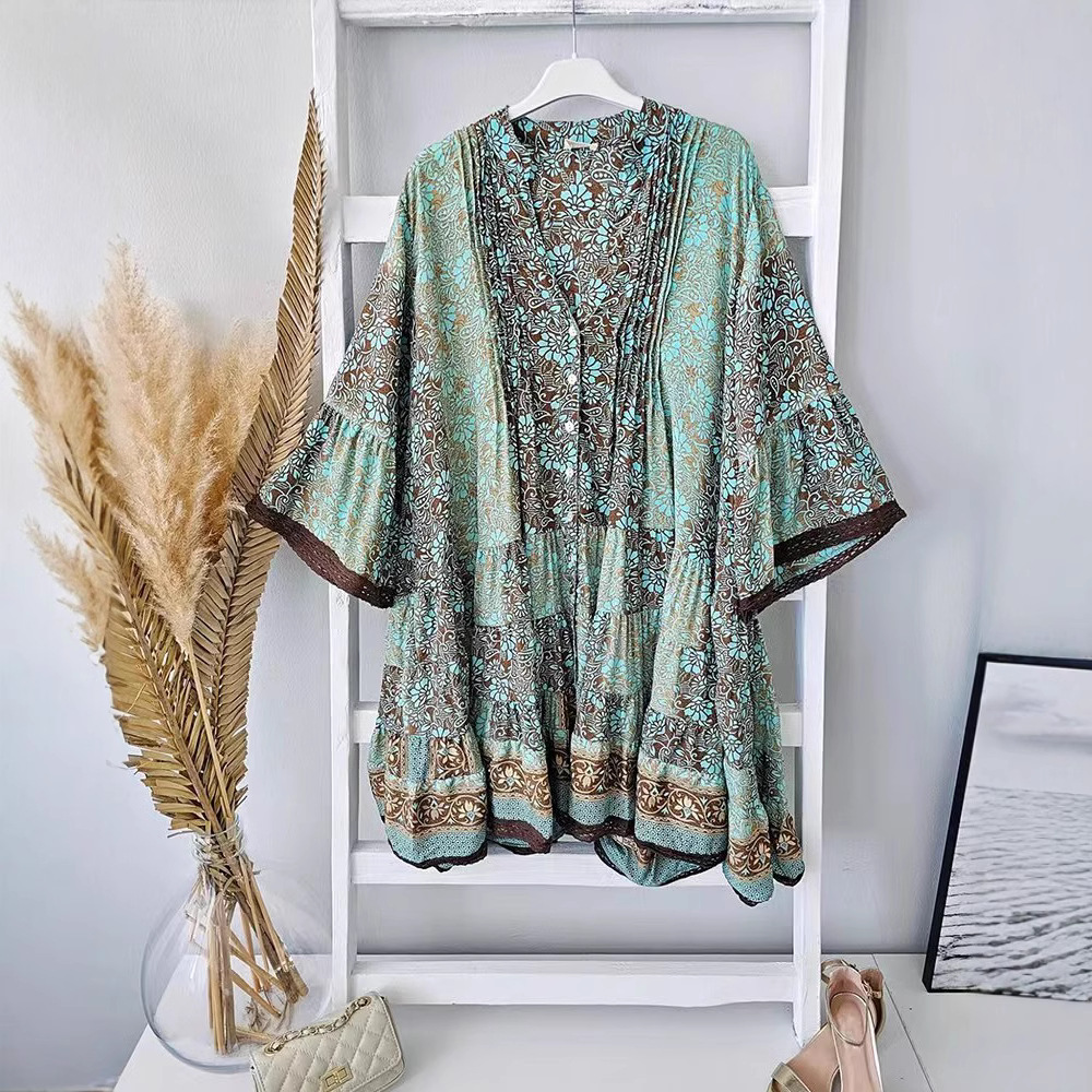 Women's Floral Print V-Neck Bell Sleeve Midi Dress