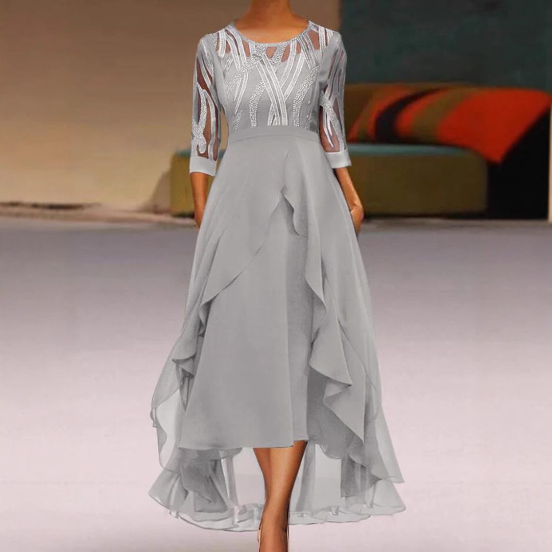 Women's Autumn Winter Midi Chiffon Dress Lace Spliced Round Neck Bridesmaid Evening Gown