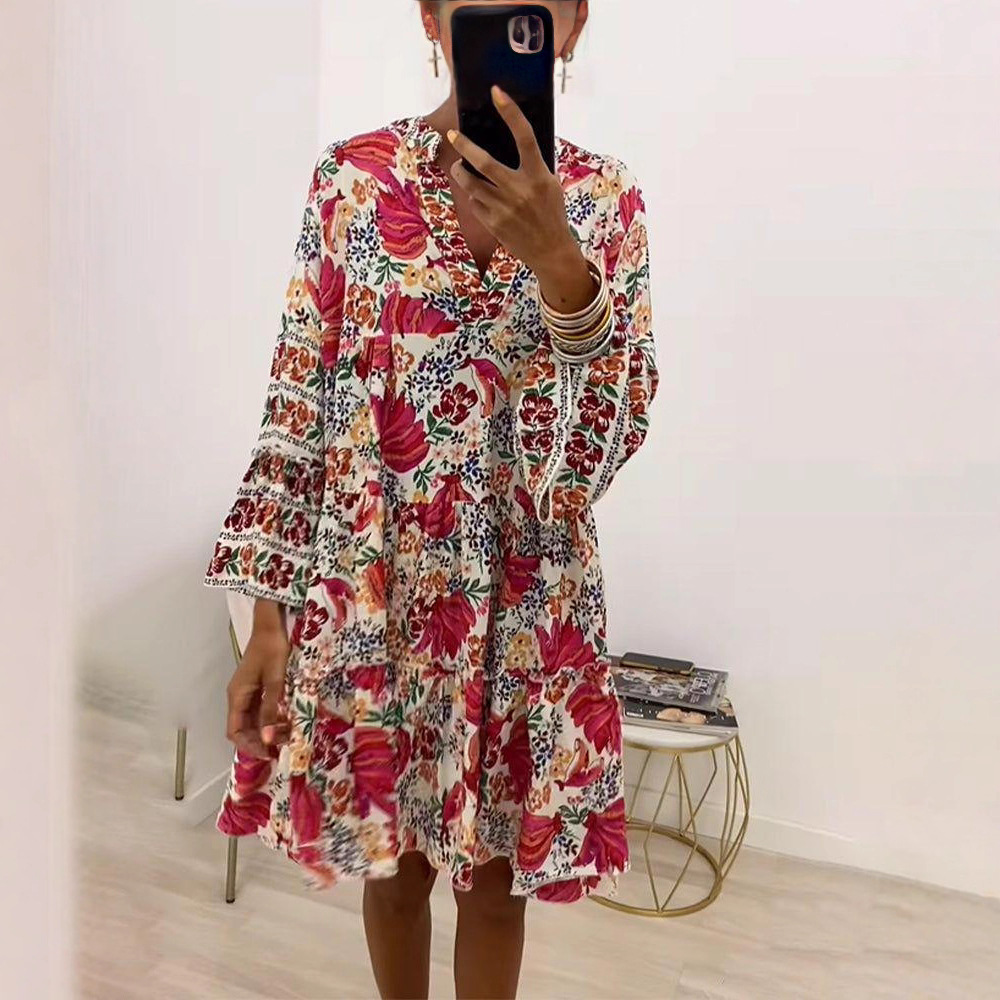 Women's Floral Print V-Neck Long Sleeve Loose Casual Midi Dress