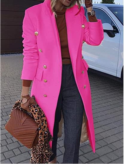 Women's Mid-Length Wool Coat with Lapel Collar, Multiple Colors and Sizes