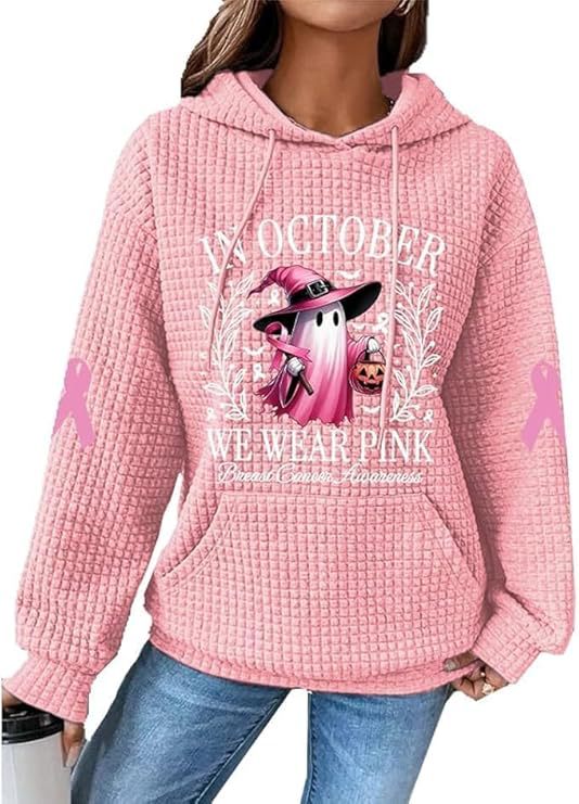 Women's Waffle Knit Hoodie with Cute Cartoon Ghost Print