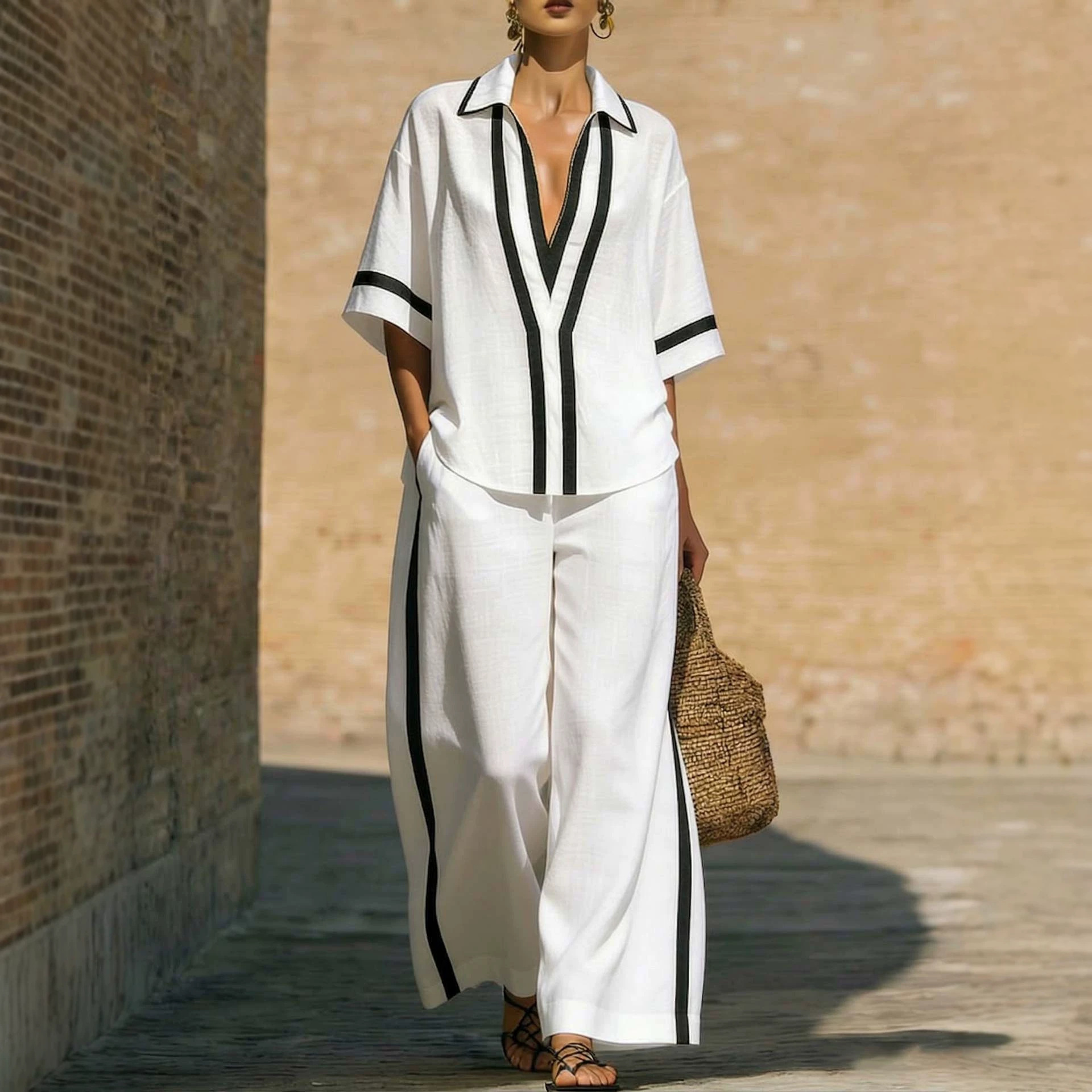 V-Neck Colorblock Shirt & Pants Set