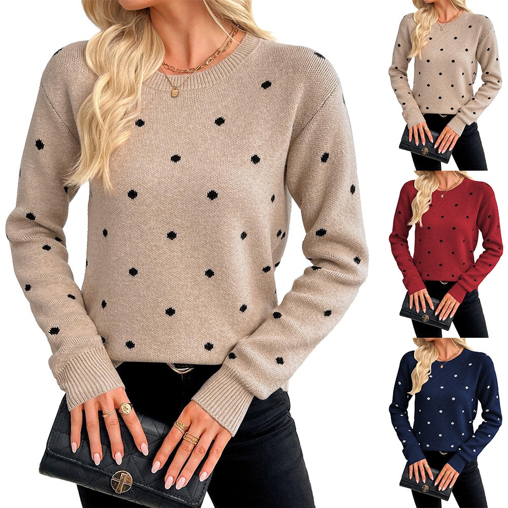 Women's Polka Dot Jacquard Knit Crewneck Pullover Sweater