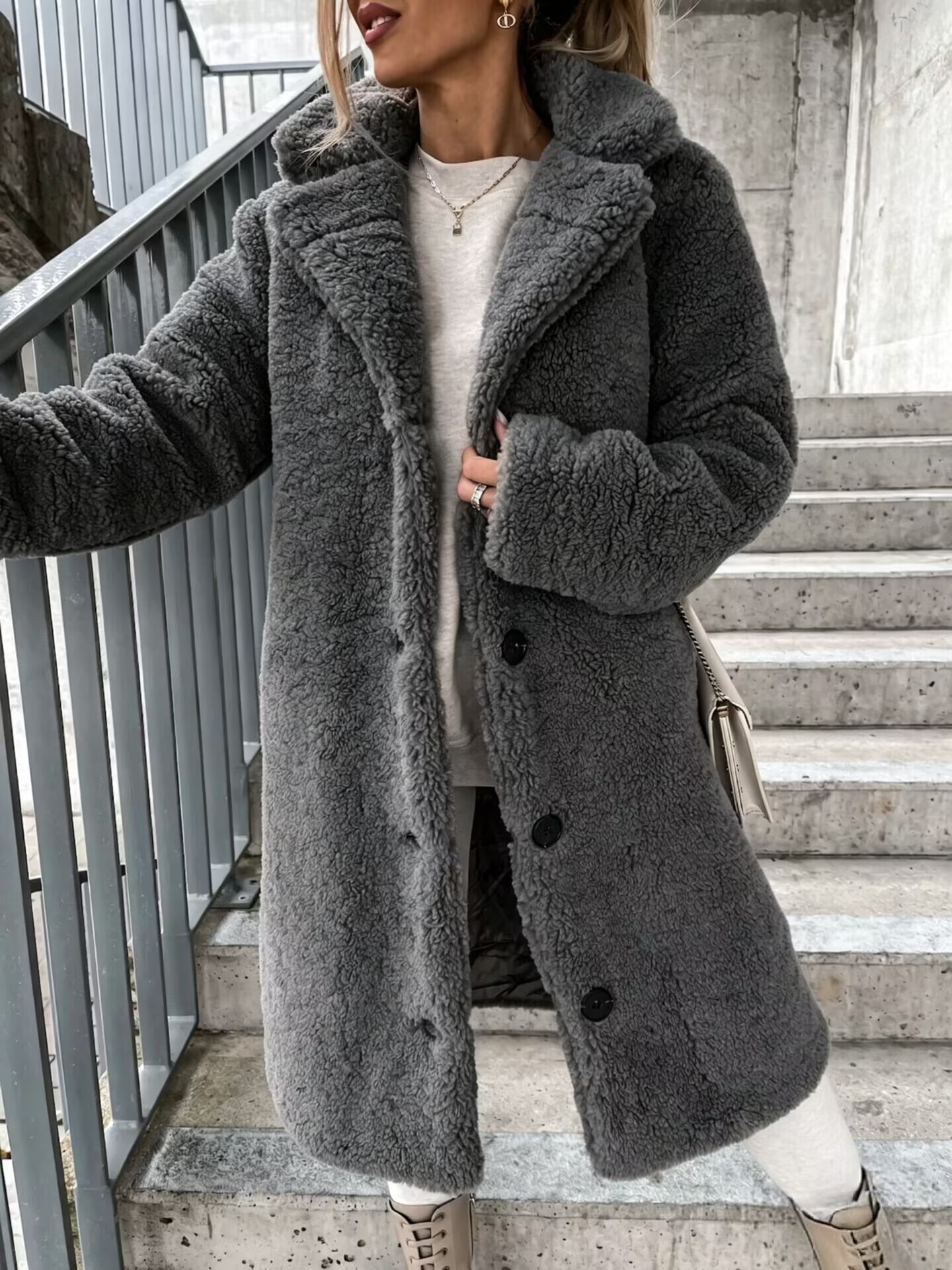 Faux Fur Long Sleeve Collared Fleece Top Long Coat