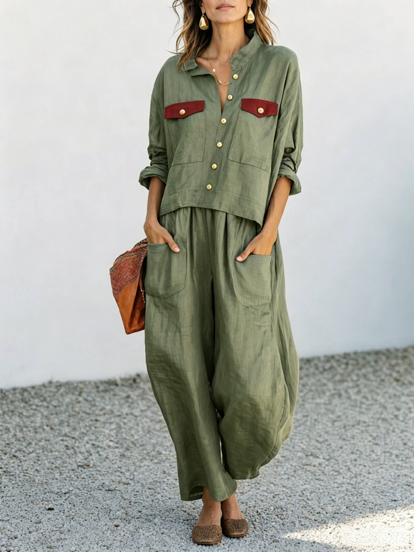 Women's Casual Loose Button Shirt and Wide-Leg Pants Two-Piece Set