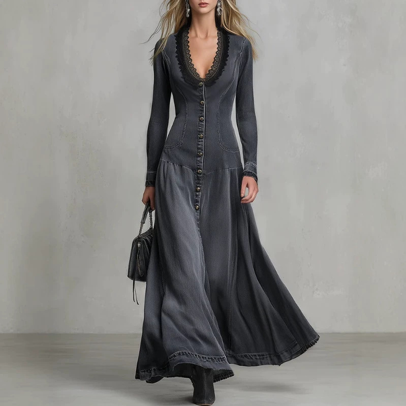 Gray Denim V-Neck Lace Trim Bodycon Long Dress