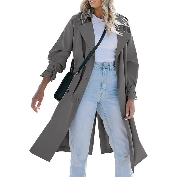 Double-Breasted Long Trench Coat with Lapel and Belt
