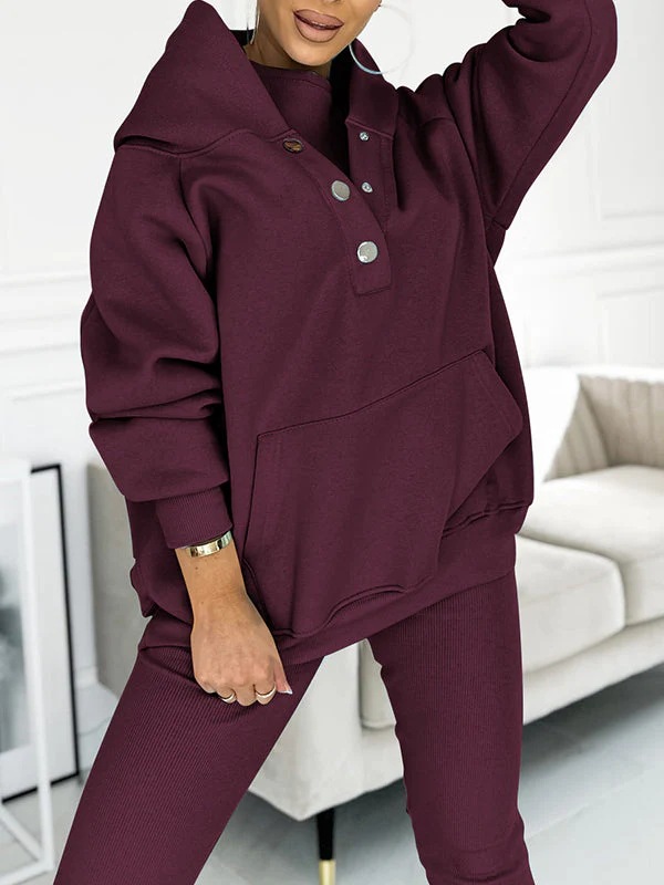 Solid Hooded Button Sweatshirt and Pants Set
