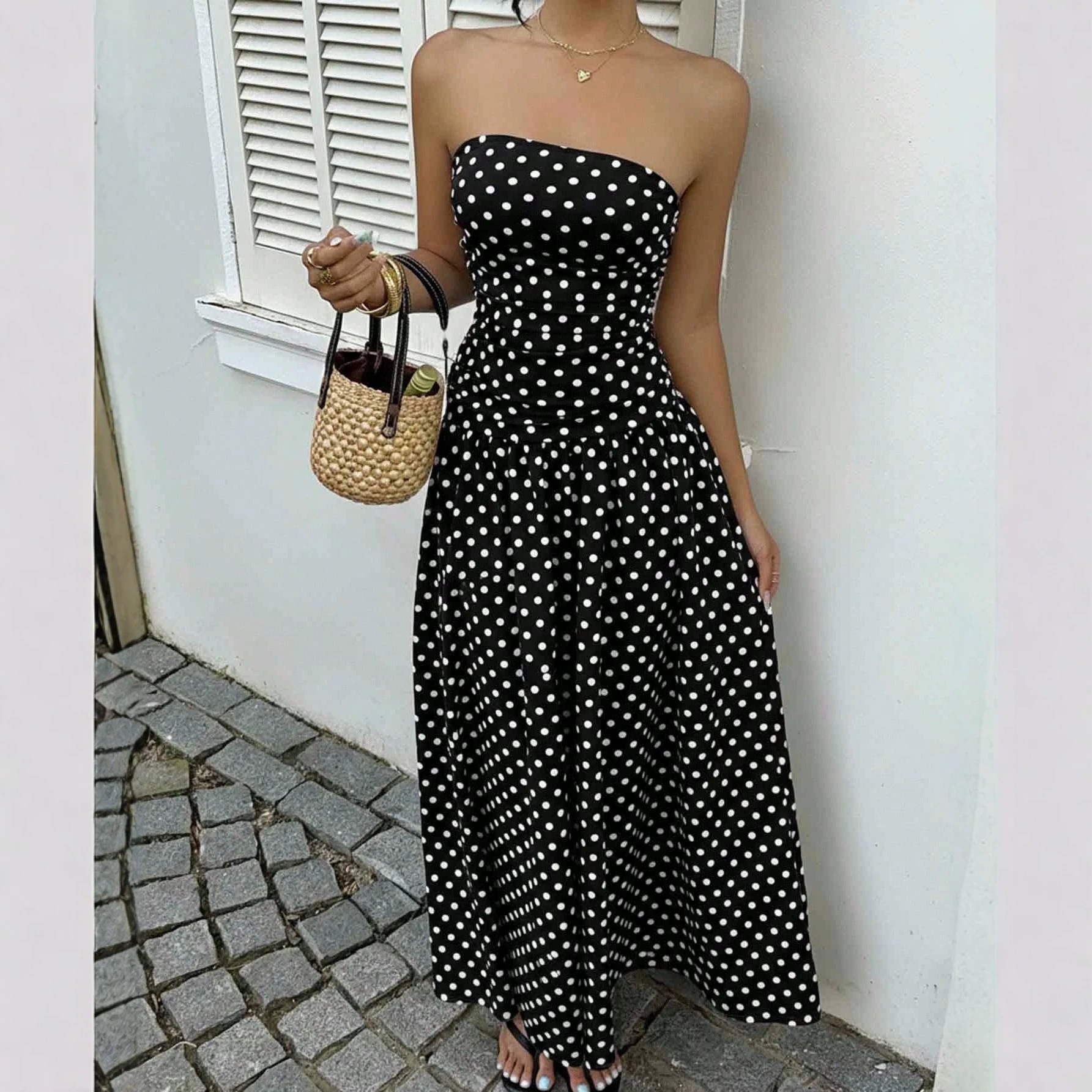 Polka Dot Strapless High Neck Sleeveless Long Dress Slim Fit Ruffle