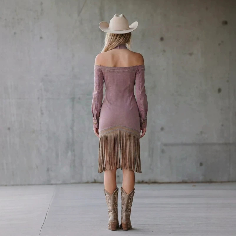 Women's Vintage Denim Fringe Mini Dress Halter Neck