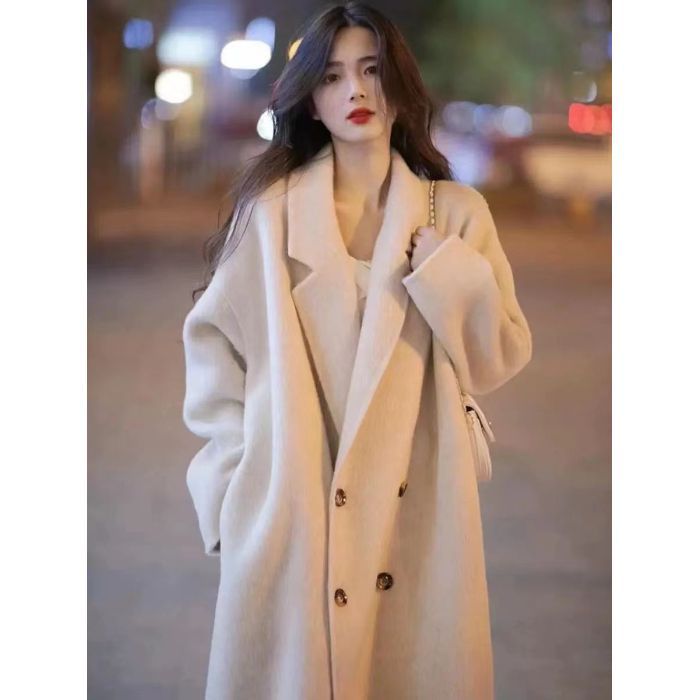 Purple Double-Faced Wool Coat Women's Loose Long Single-Breasted Polo Collar