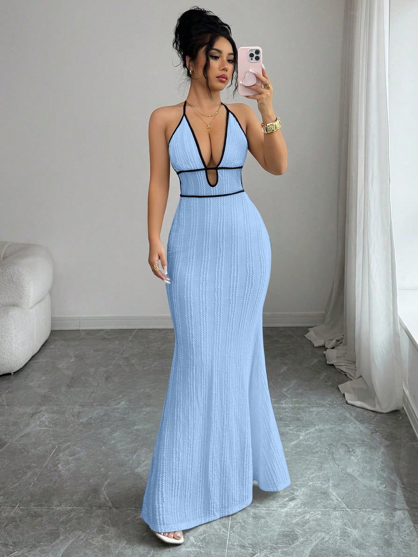 Color-Block Halter Open-Back Maxi Dress with Deep V Cutout and Lace-Up Mermaid Silhouette