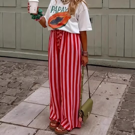 Women's Loose Straight-Leg Striped Print Pants Casual Colorblock