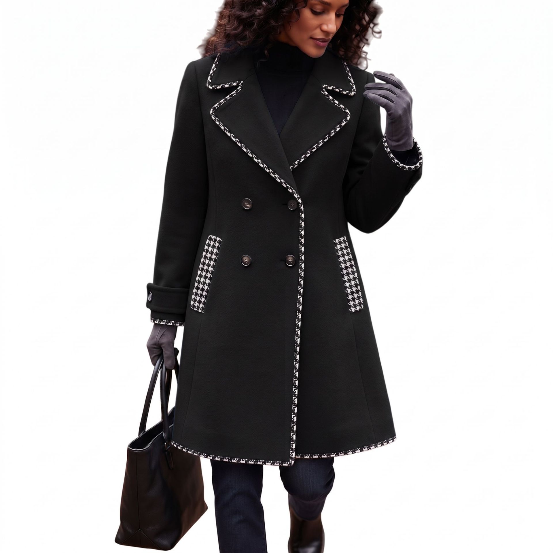 Women's Long Wool-Blend Color-Block Double-Breasted Trench Coat