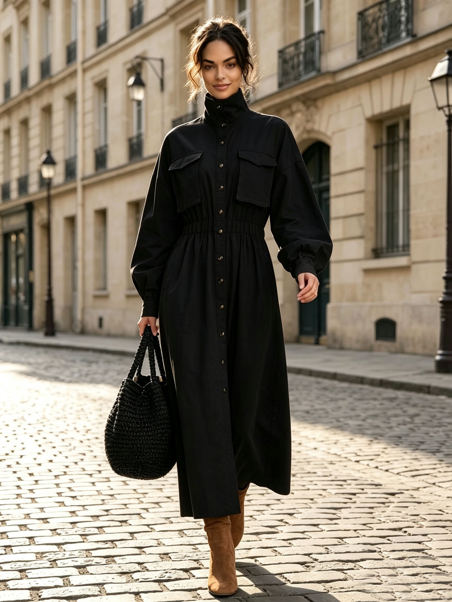 Women's Waist-Cinching Stand Collar Button-Front Midi Dress