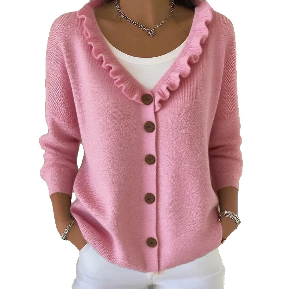 Women's Ruffle Trim V-Neck Knit Cardigan Sweater