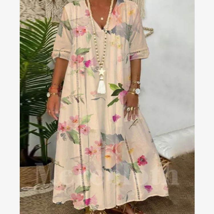 Women's Summer Long Sleeve Printed Lace Trim Dress