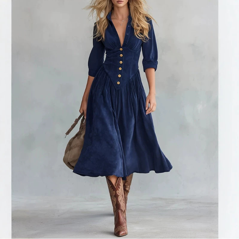 Vintage V-Neck Pleated Midi Dress in Solid Dark Blue