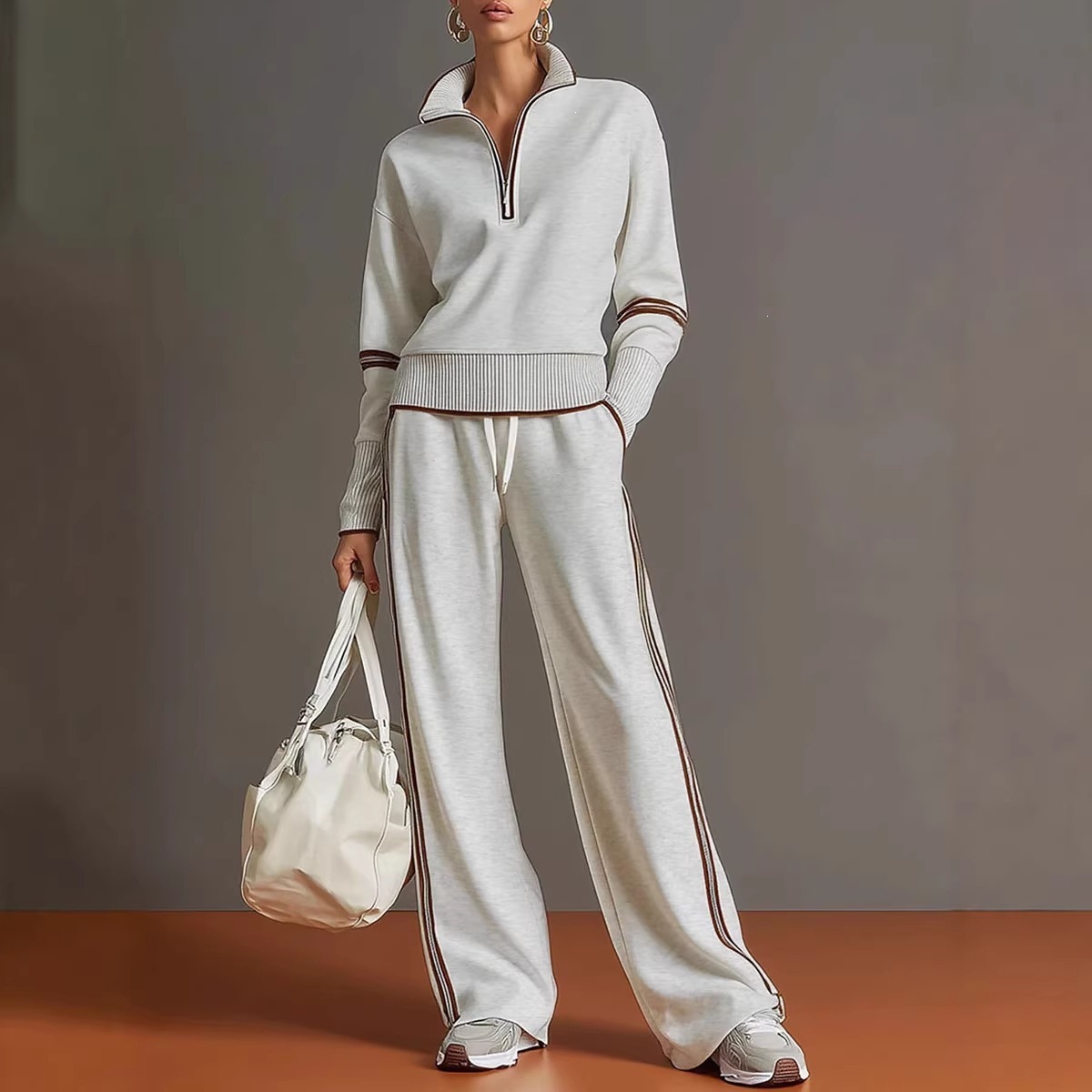 Amazon 2026 New Cross-Border Casual Sportswear Set European American Style Color-Block Stand Collar Hoodie Wide-Leg Pants Two-Piece Set