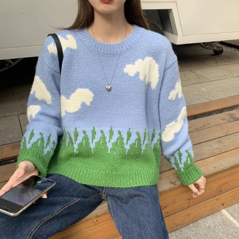 Blue Sky White Clouds Pattern Crewneck Sweater Loose Fit